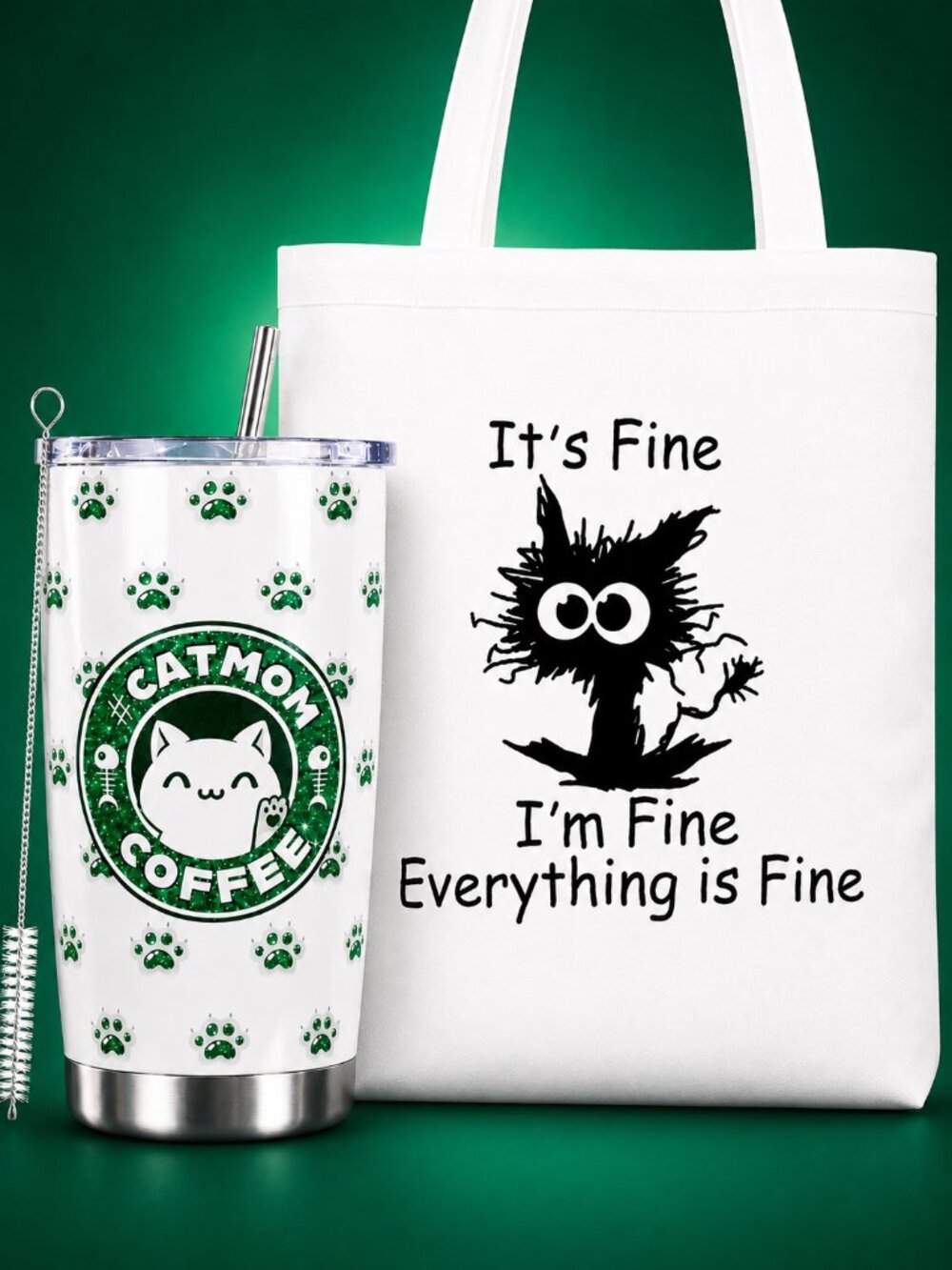 Tumbler Cup - Canvas Tote Bag Gift Set - Cat Mom - Mental Health - I'm Fine - Picture 6 of 9